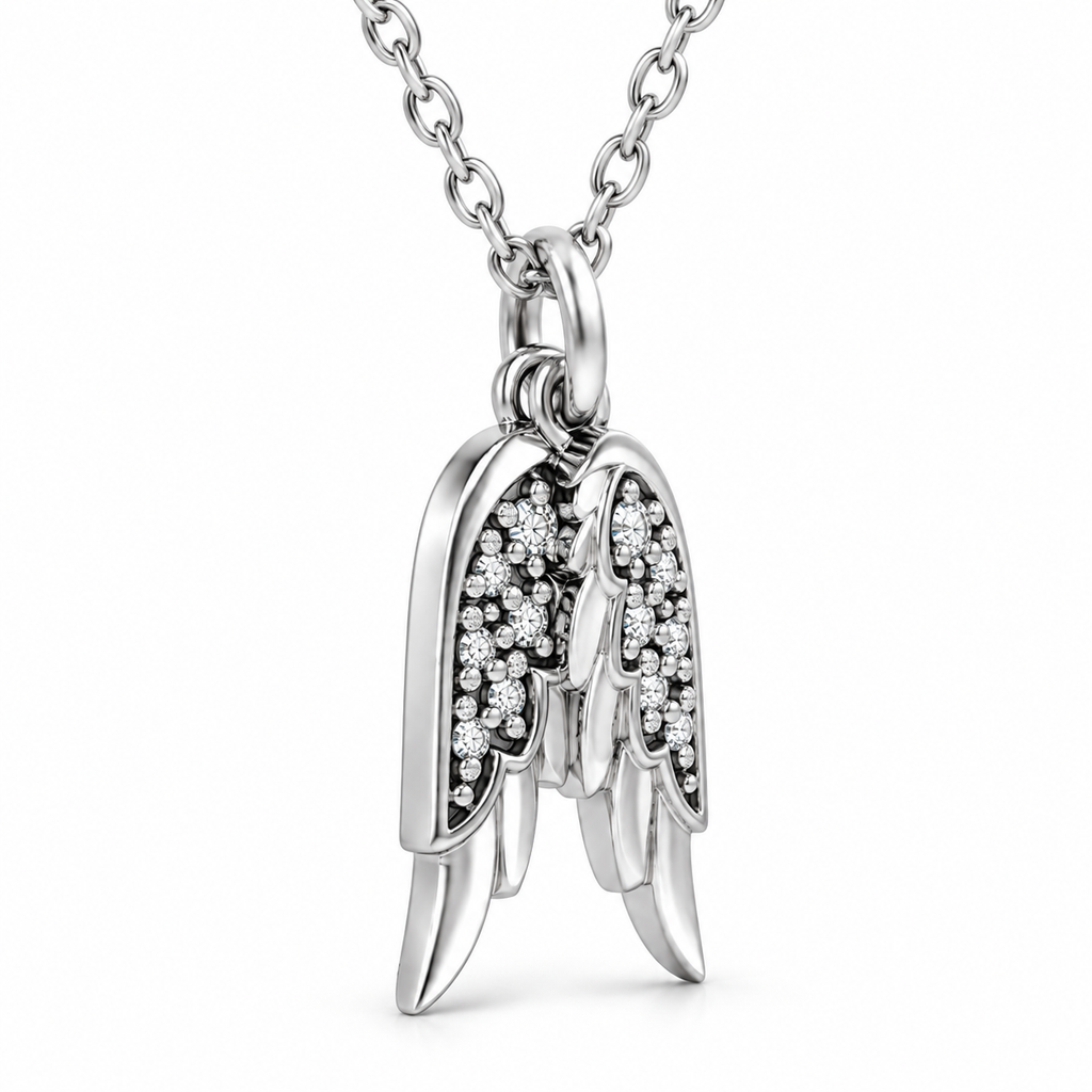 Diamond Accented Angel Wings Pendant Necklace 14K White Gold (0.03ct)