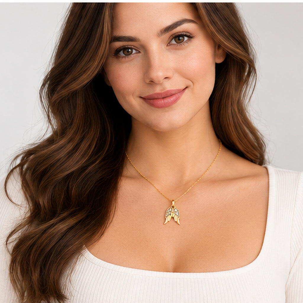 Diamond Accented Angel Wings Pendant Necklace 14K Yellow Gold (0.03ct)
