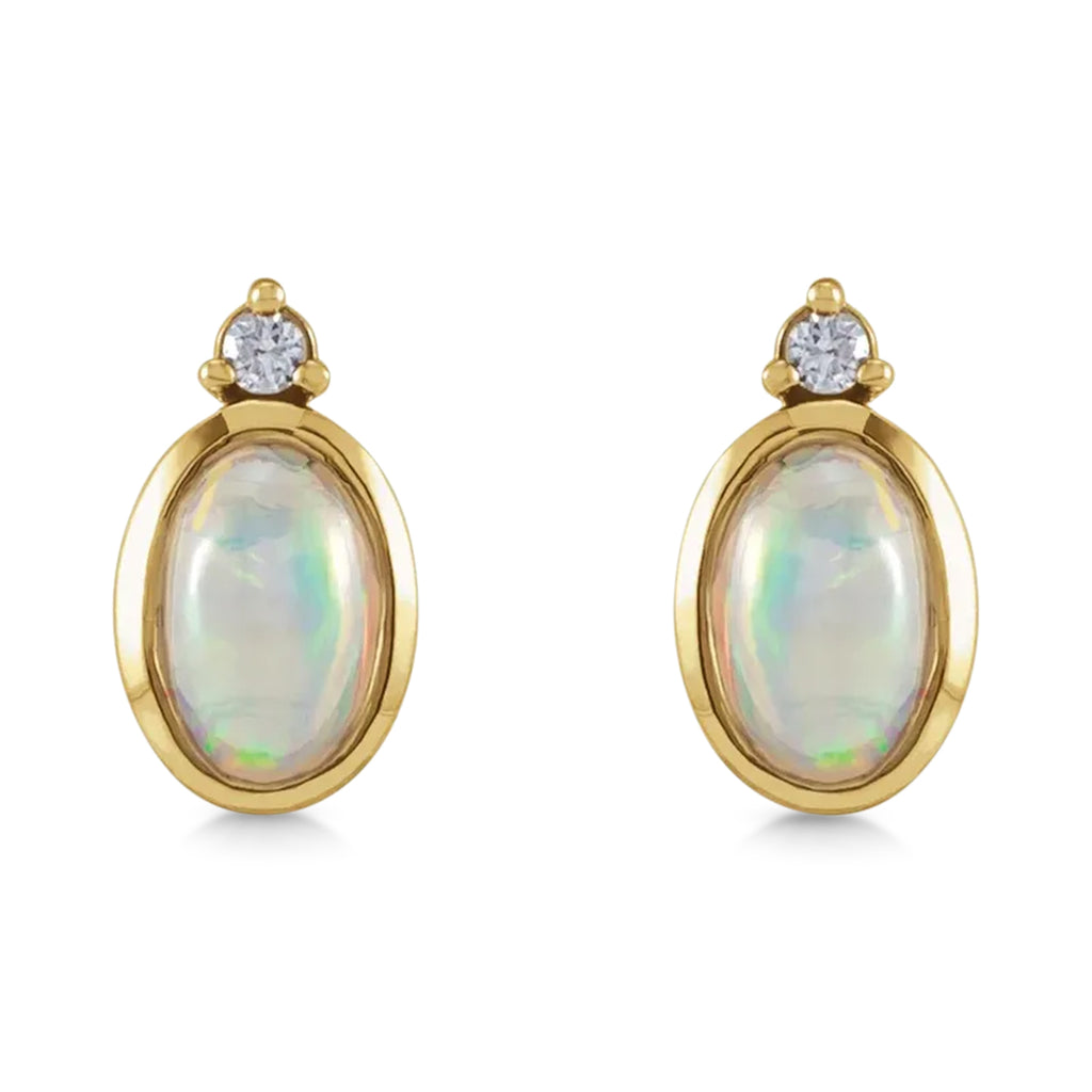 Oval Natural Cabochon Ethiopian Opal & Diamond Stud Earrings 14K Yellow Gold (0.34ct)