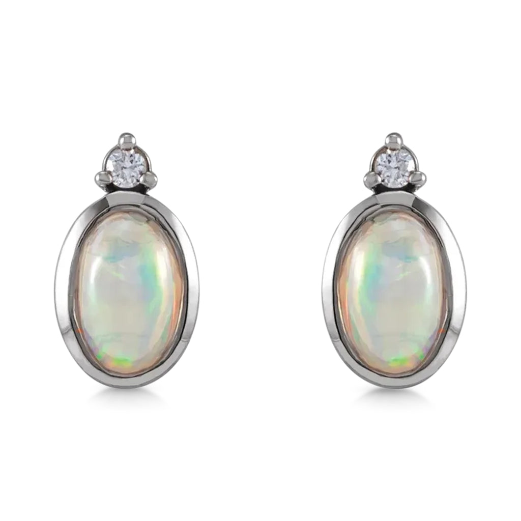 Oval Natural Cabochon Ethiopian Opal & Diamond Stud Earrings 14K White Gold (0.34ct)