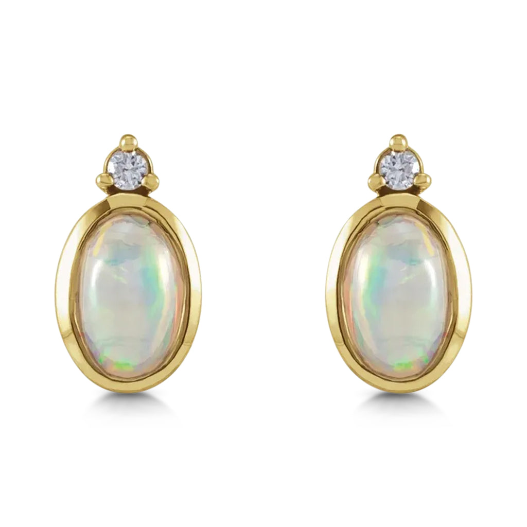 Oval Natural Cabochon Ethiopian Opal & Diamond Stud Earrings 14K Yellow Gold (0.84ct)