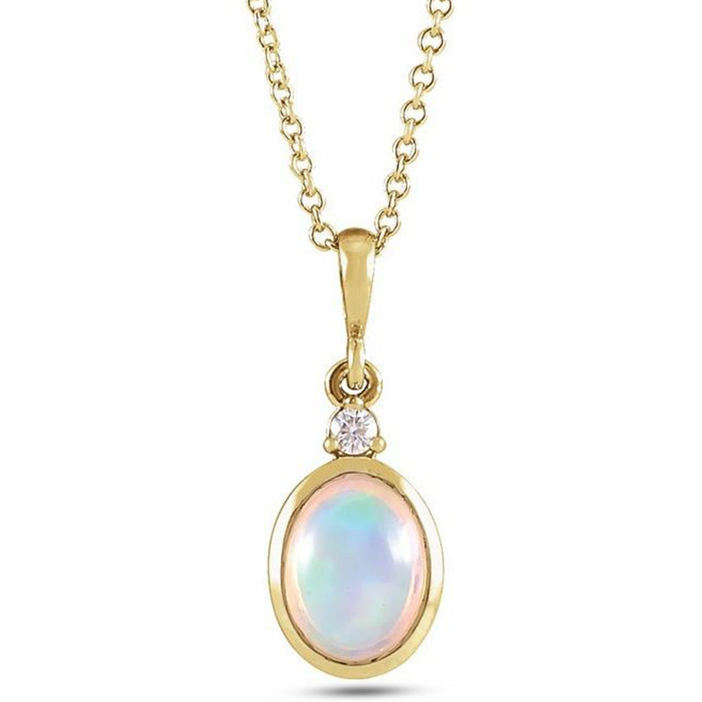 Oval Natural White Ethiopian Opal & Diamond Pendant Necklace 14K Yellow Gold (0.33ct)