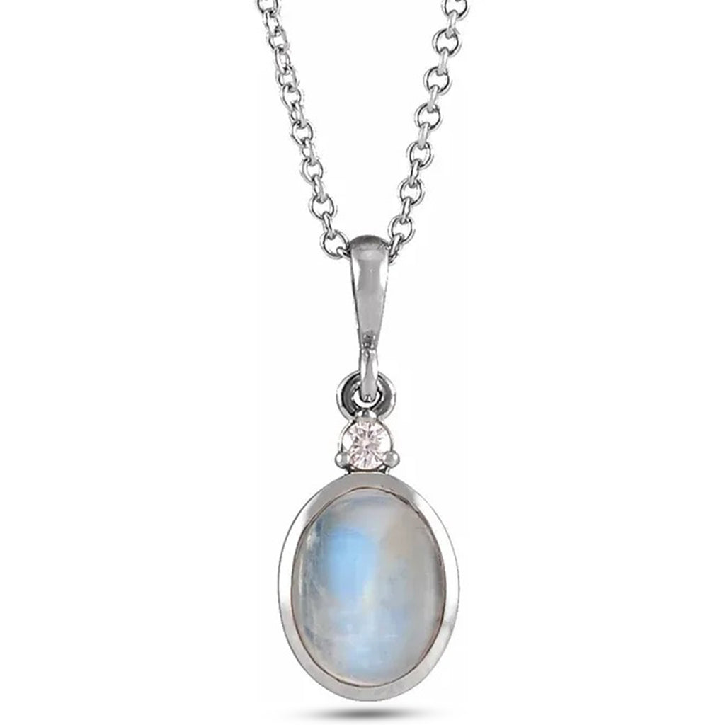 Oval Natural Rainbow Moonstone & Diamond Pendant Necklace 14K White Gold (0.62ct)