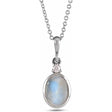 Oval Natural Rainbow Moonstone & Diamond Pendant Necklace 14K White Gold (0.62ct)