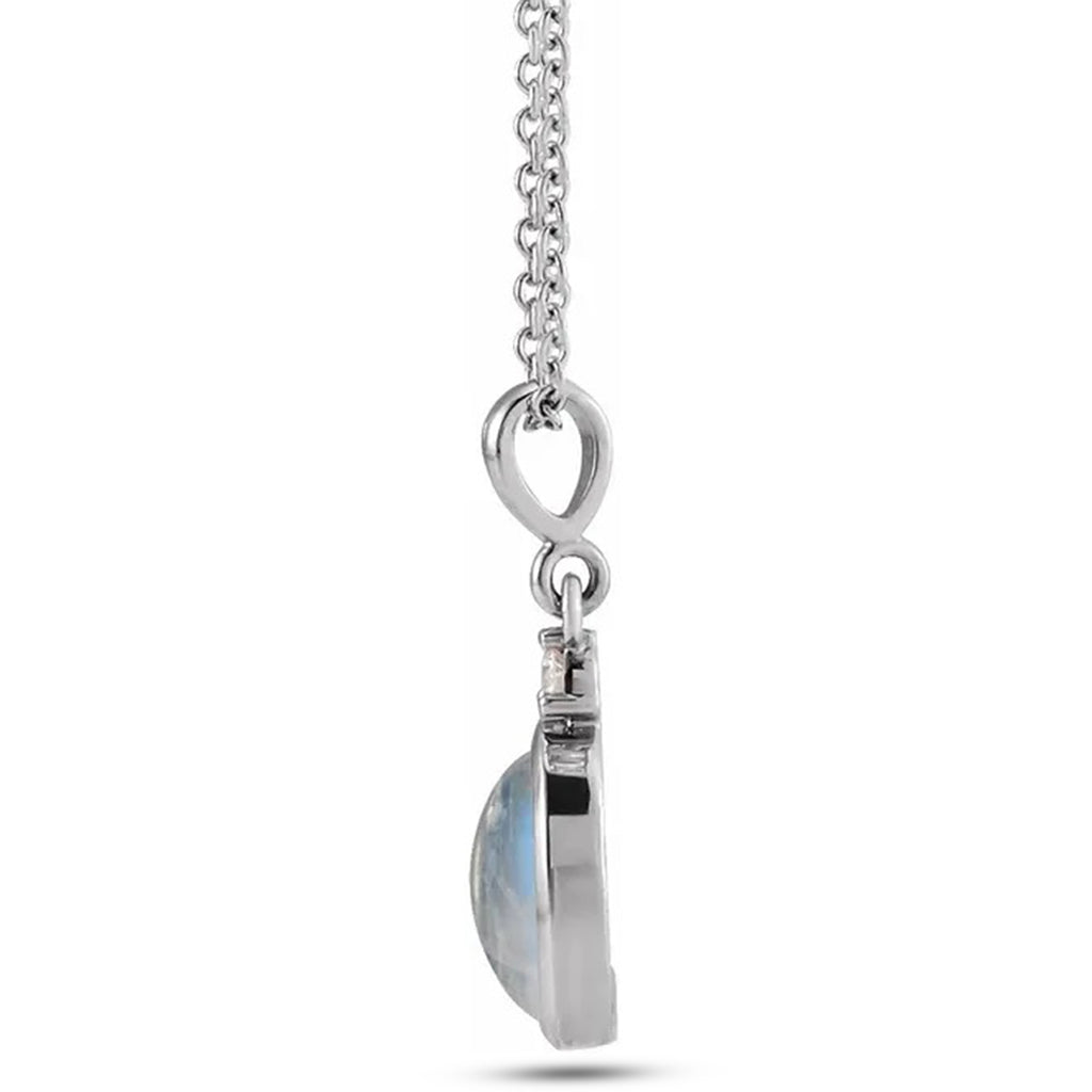 Oval Natural Rainbow Moonstone & Diamond Pendant Necklace 14K White Gold (0.62ct)