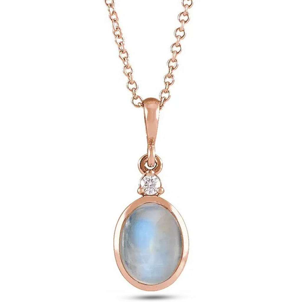 Oval Natural Rainbow Moonstone & Diamond Pendant Necklace 14K Rose Gold (0.62ct)