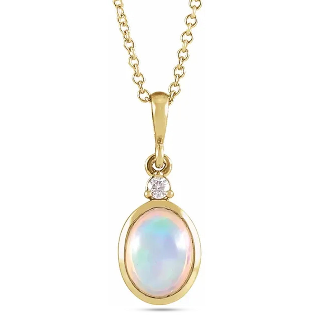 Oval Natural White Ethiopian Opal & Diamond Pendant Necklace 14K Yellow Gold (1.57ct)