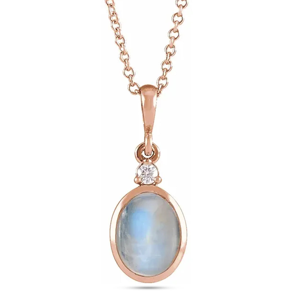 Oval Natural Rainbow Moonstone & Diamond Pendant Necklace 14K Rose Gold (1.63ct)