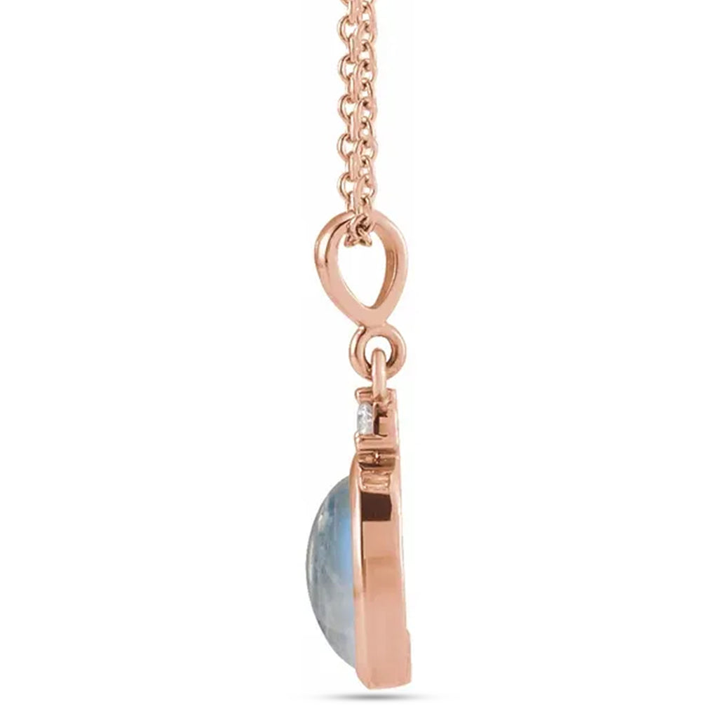 Oval Natural Rainbow Moonstone & Diamond Pendant Necklace 14K Rose Gold (1.63ct)