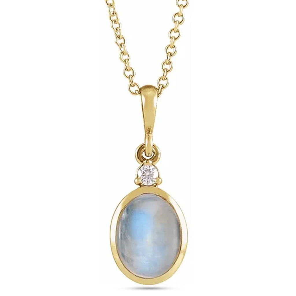 Oval Natural Rainbow Moonstone & Diamond Pendant Necklace 14K Yellow Gold (1.63ct)
