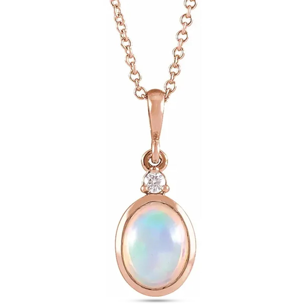 Oval Natural White Ethiopian Opal & Diamond Pendant Necklace 14K Rose Gold (1.57ct)