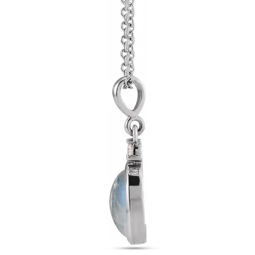 Oval Natural Rainbow Moonstone & Diamond Pendant Necklace 14K White Gold (1.63ct)