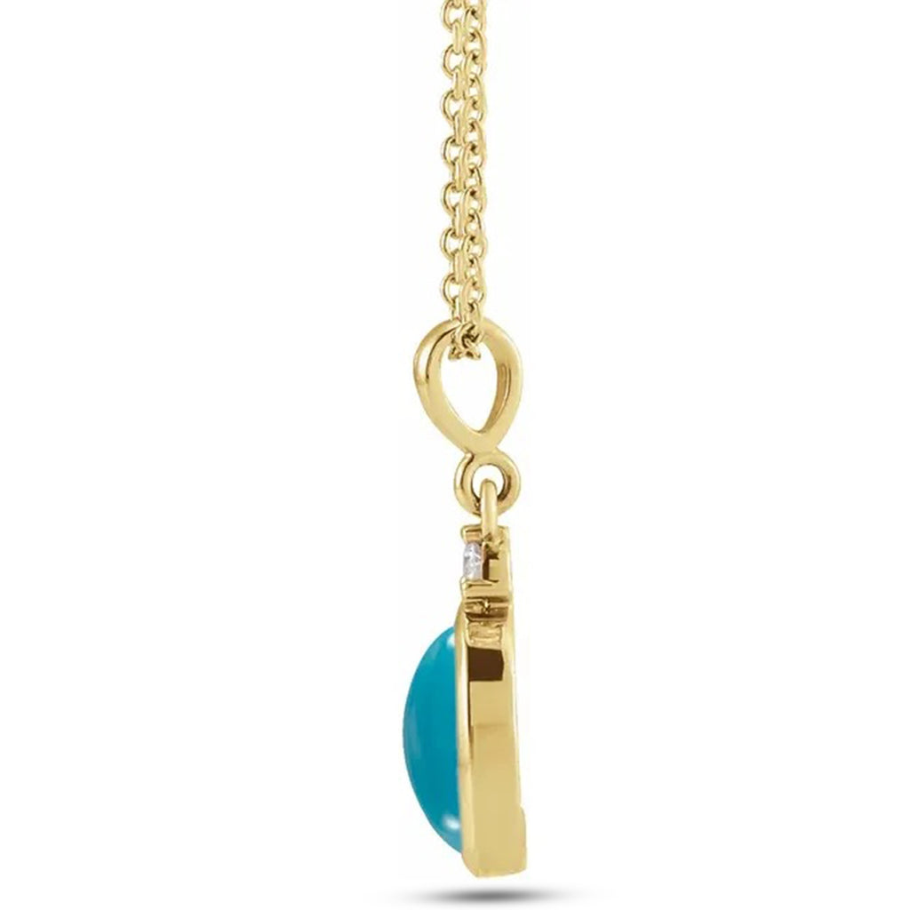 Oval Natural Turquoise & Diamond Pendant Necklace 14K Yellow Gold (0.41ct)