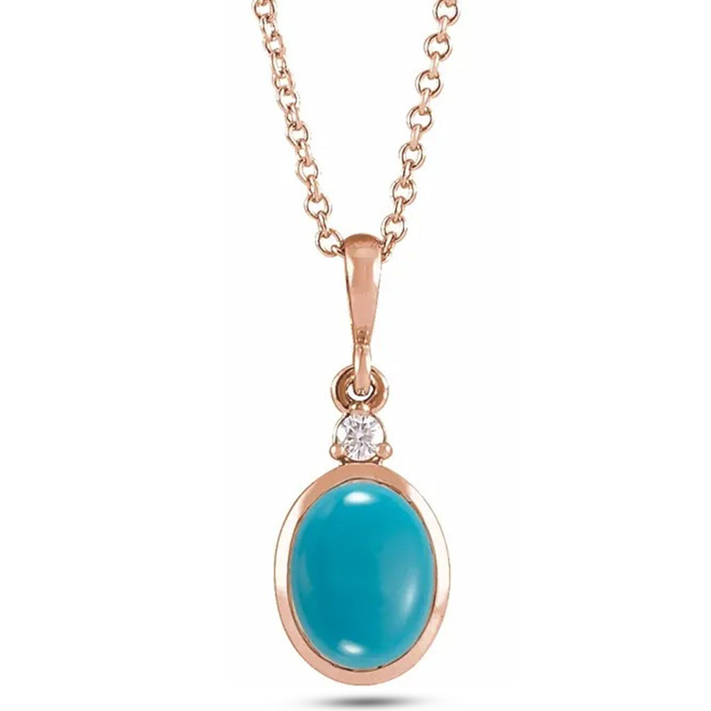 Oval Natural Turquoise & Diamond Pendant Necklace 14K Rose Gold (0.41ct)