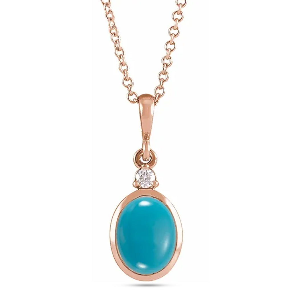 Oval Natural Turquoise & Diamond Pendant Necklace 14K Rose Gold (2.03ct)