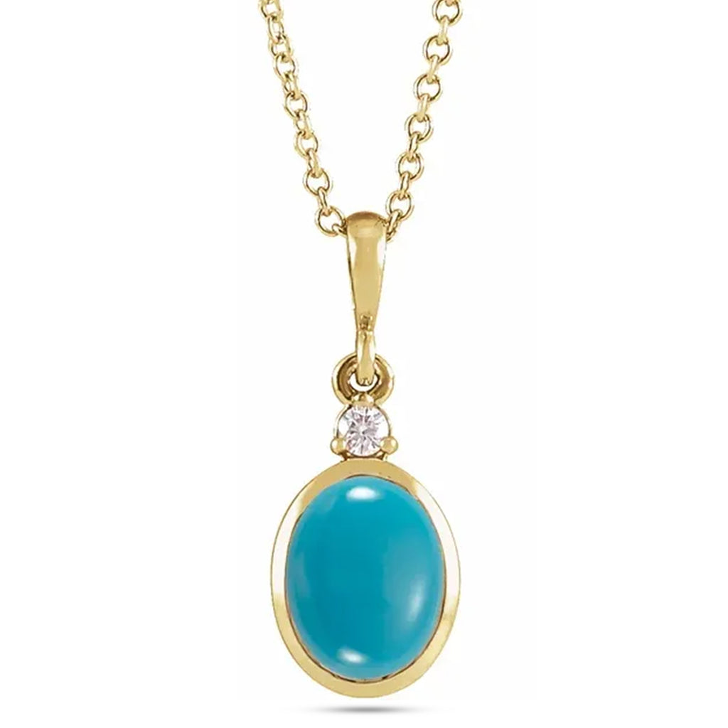Oval Natural Turquoise & Diamond Pendant Necklace 14K Yellow Gold (2.03ct)