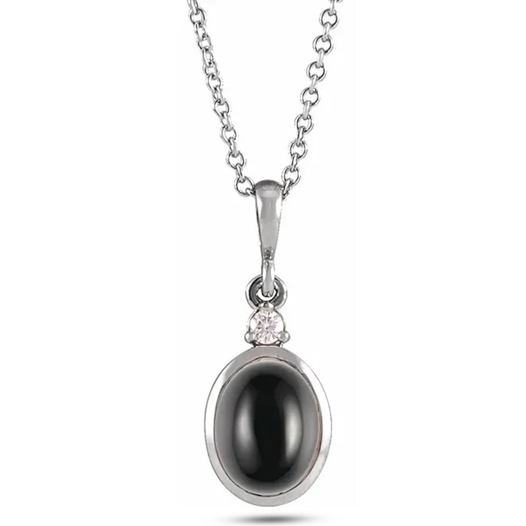 Oval Natural Onyx & Diamond Pendant Necklace 14K White Gold (0.33ct)
