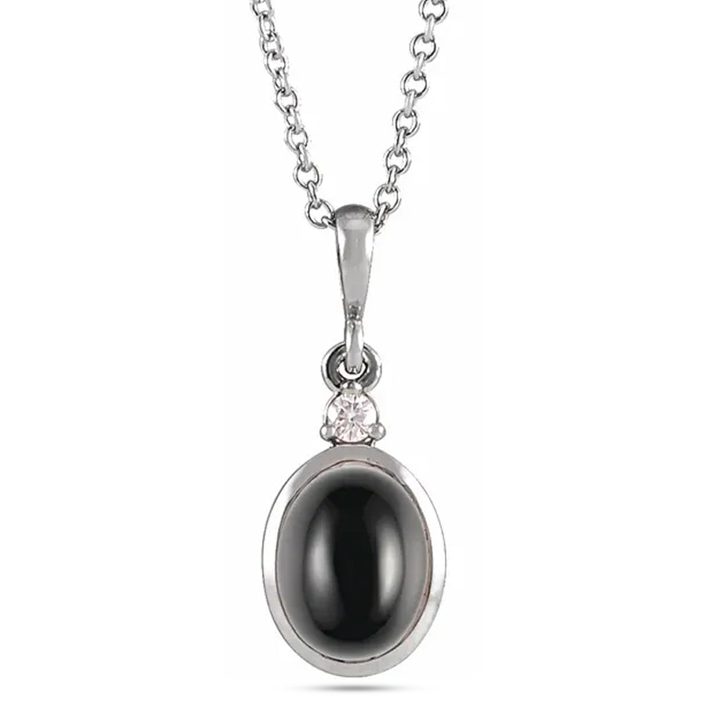 Oval Natural Onyx & Diamond Pendant Necklace 14K White Gold (2.03ct)