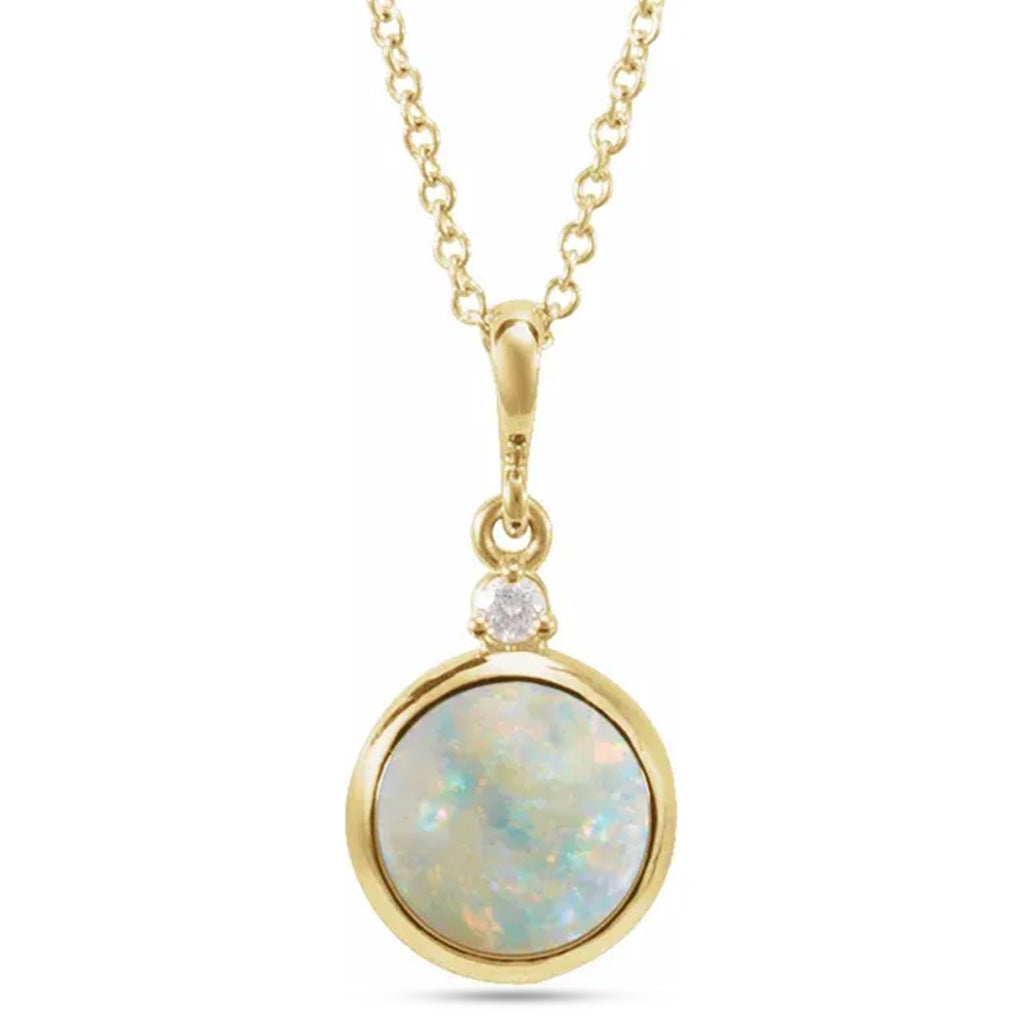 Round Natural White Opal & Diamond Pendant Necklace 14K Yellow Gold (1.11ct)