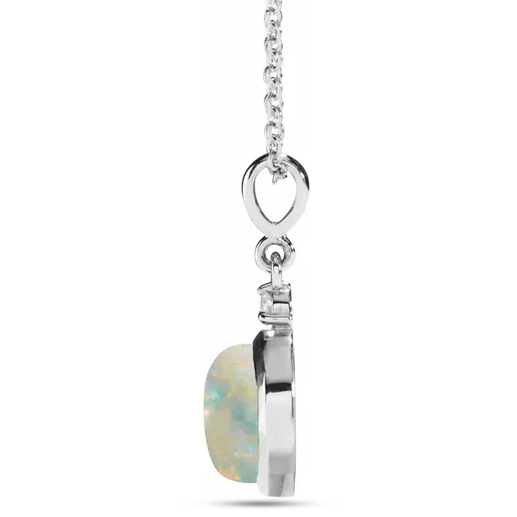 Round Natural White Opal & Diamond Pendant Necklace 14K White Gold (1.11ct)