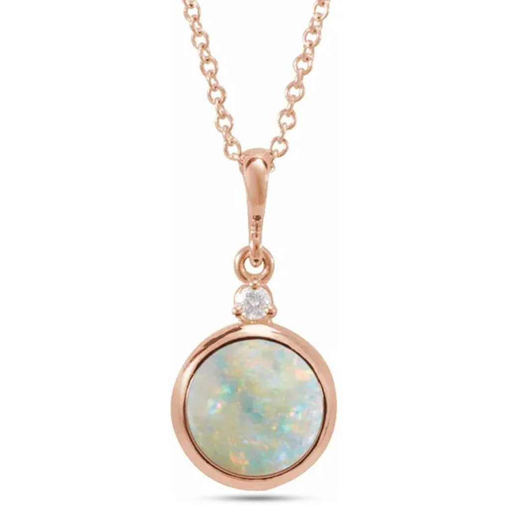 Round Natural White Opal & Diamond Pendant Necklace 14K Rose Gold (1.11ct)