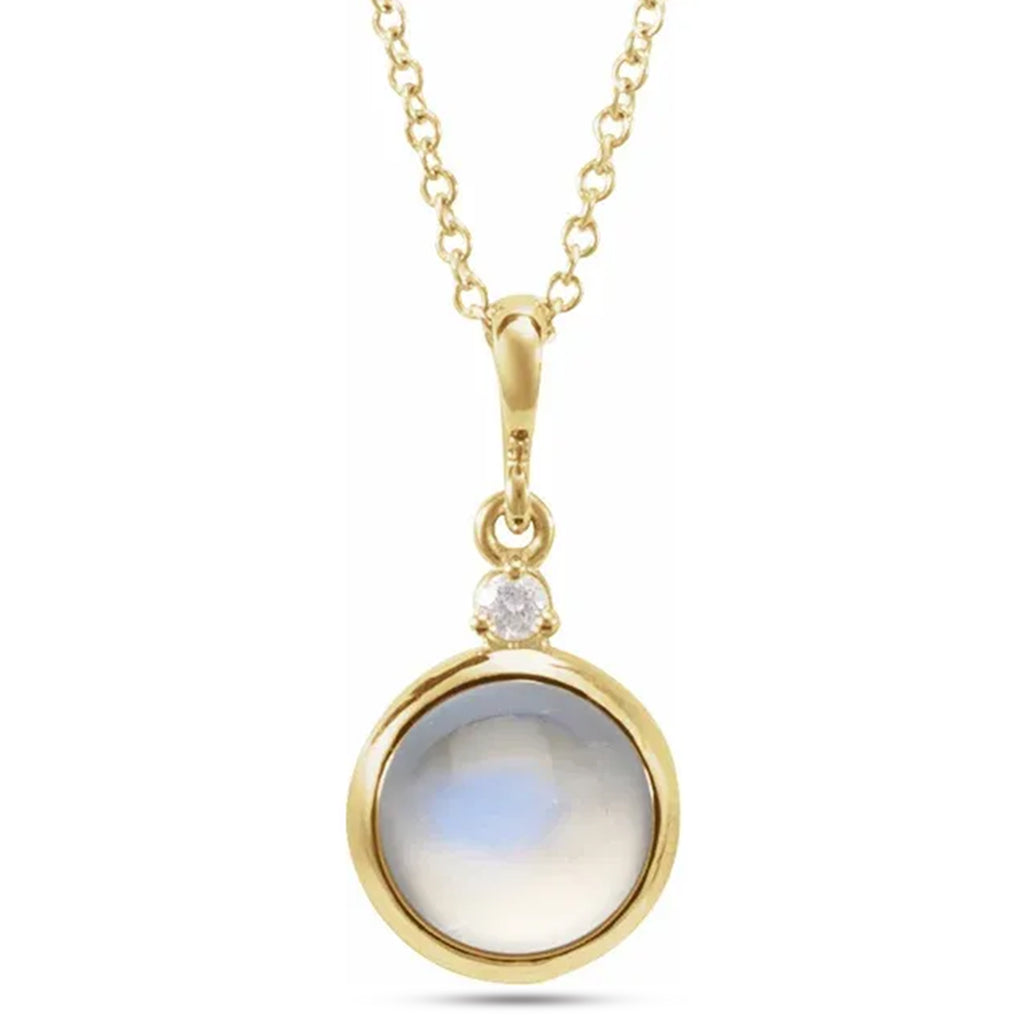 Round Natural Rainbow Moonstone & Diamond Pendant Necklace 14K Yellow Gold (2.53ct)