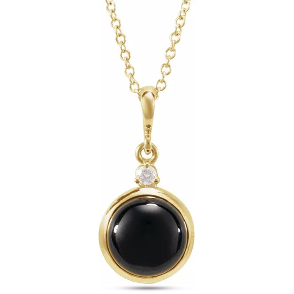 Round Natural Onyx & Diamond Pendant Necklace 14K Yellow Gold (1.53ct)