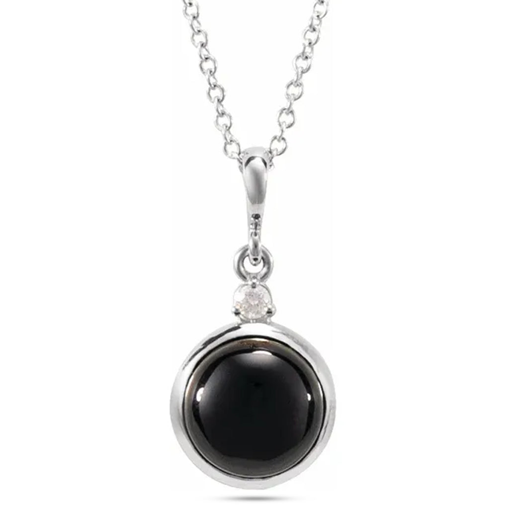 Round Natural Onyx & Diamond Pendant Necklace 14K White Gold (1.53ct)
