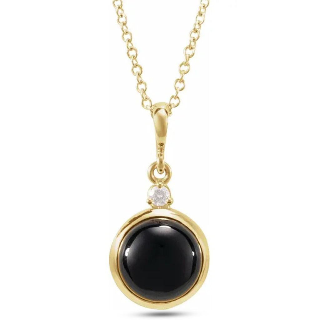 Round Natural Onyx & Diamond Pendant Necklace 14K Yellow Gold (0.65ct)