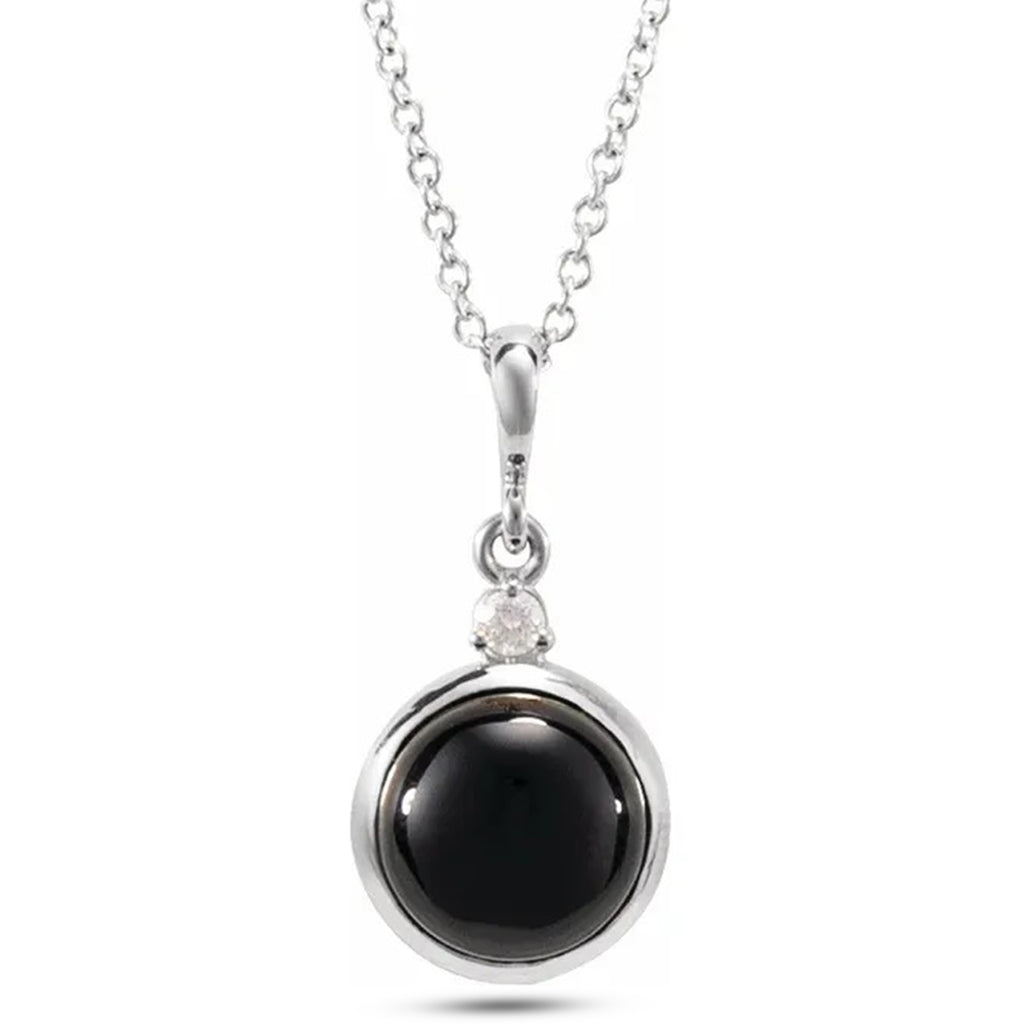 Round Natural Onyx & Diamond Pendant Necklace 14K White Gold (0.65ct)