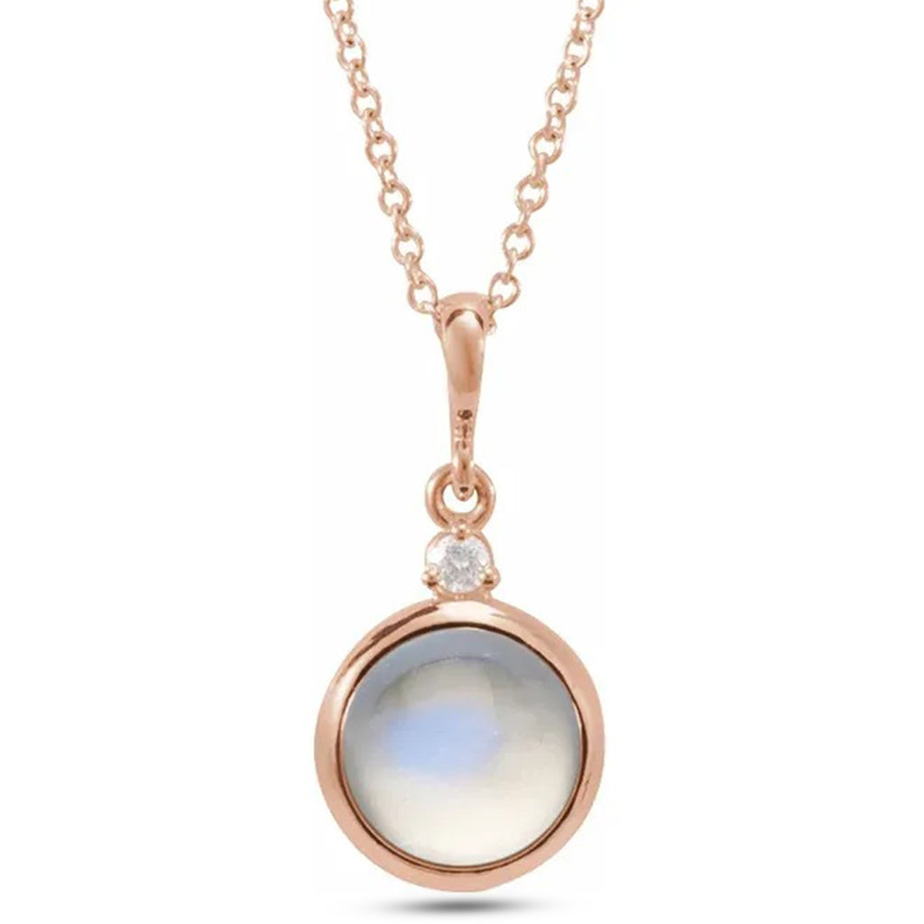 Round Natural Rainbow Moonstone & Diamond Pendant Necklace 14K Rose Gold (1.08ct)