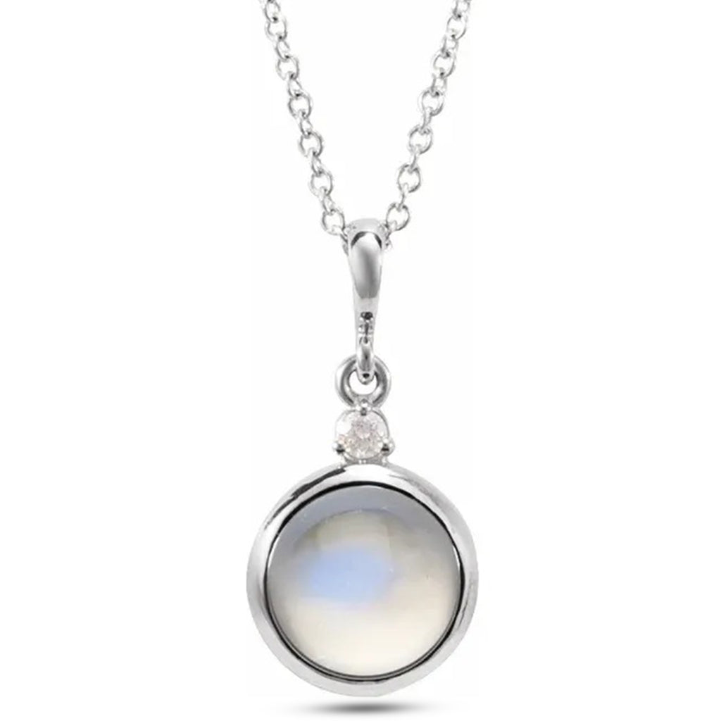 Round Natural Rainbow Moonstone & Diamond Pendant Necklace 14K White Gold (1.08ct)