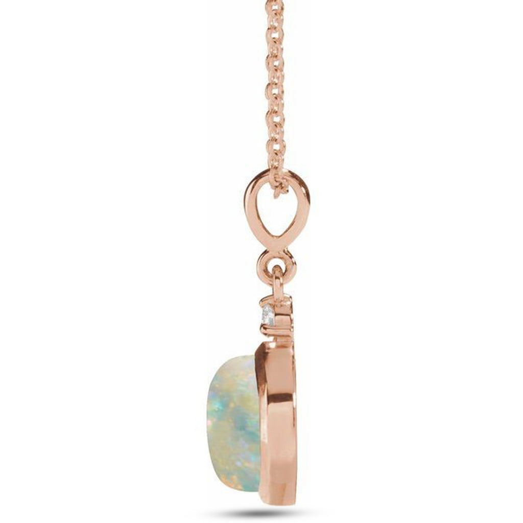 Round Natural White Opal & Diamond Pendant Necklace 14K Rose Gold (0.57ct)