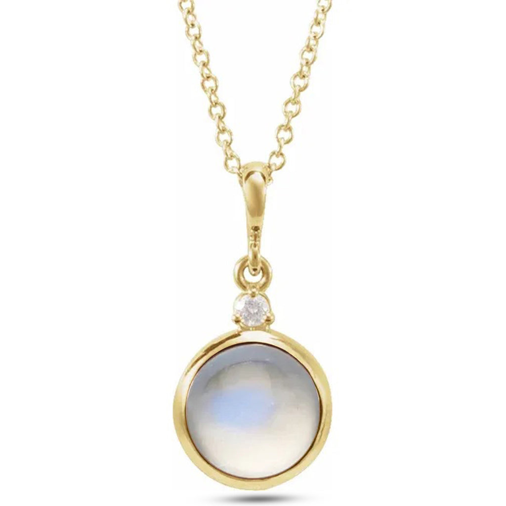 Round Natural Rainbow Moonstone & Diamond Pendant Necklace 14K Yellow Gold (1.08ct)