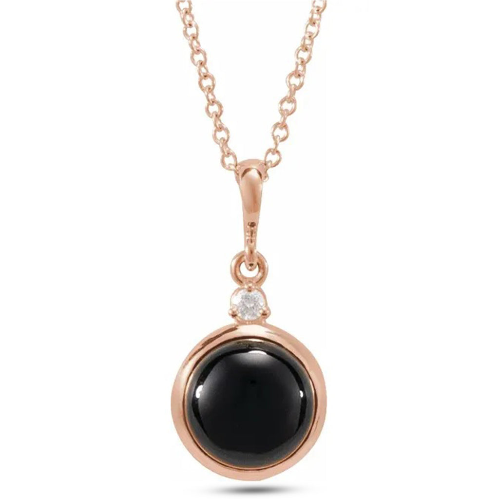 Round Natural Onyx & Diamond Pendant Necklace 14K Rose Gold (0.65ct)