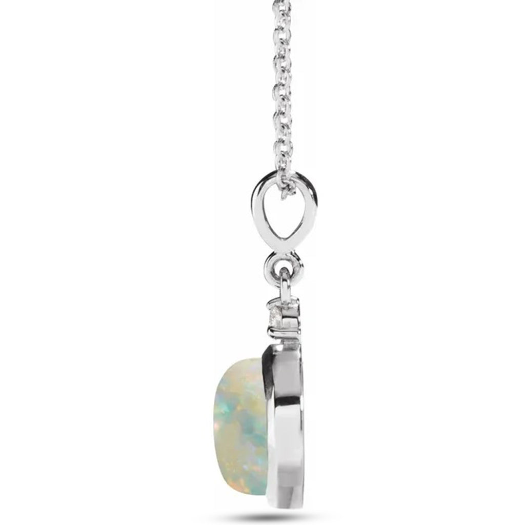 Round Natural White Opal & Diamond Pendant Necklace 14K White Gold (0.57ct)