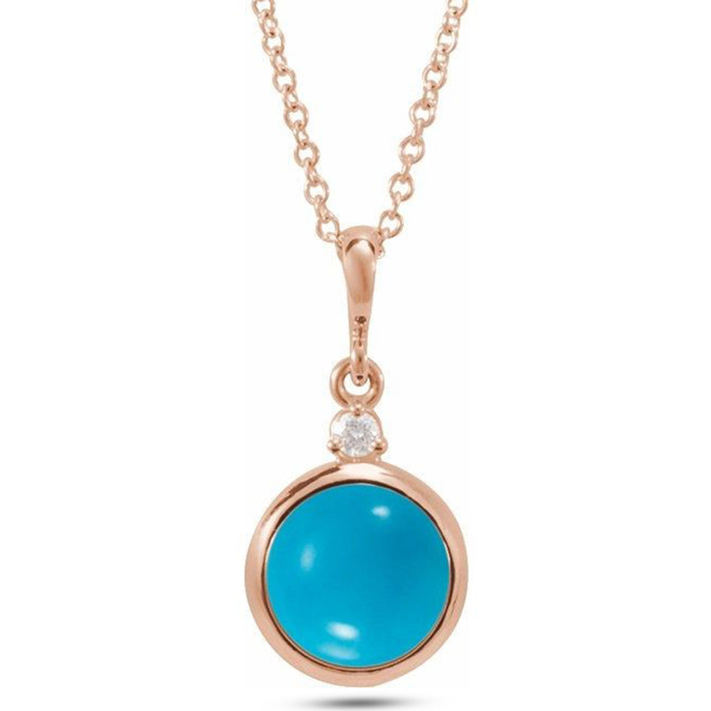 Round Natural Turquoise & Diamond Pendant Necklace 14K Rose Gold (0.68ct)