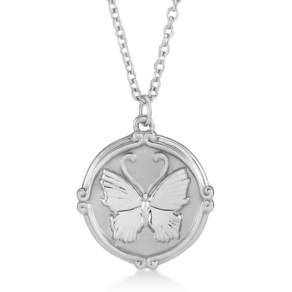 Butterfly Medallion Disk Pendant Necklace 14k White Gold