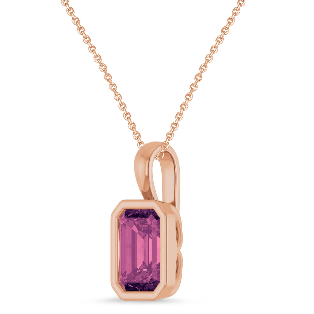 Emerald Cut Pink Tourmaline Bezel Set Pendant Necklace 14K Rose Gold (1.03ct)