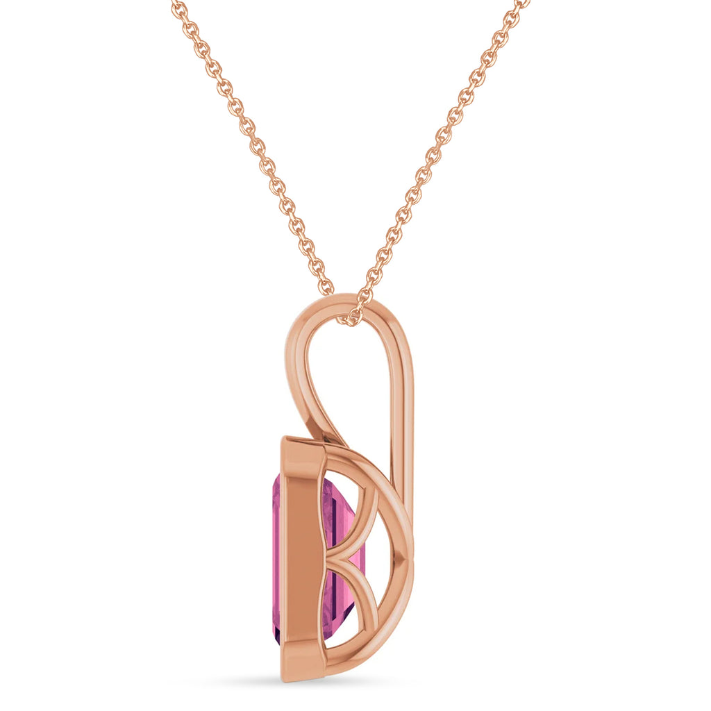 Emerald Cut Pink Tourmaline Bezel Set Pendant Necklace 14K Rose Gold (1.03ct)