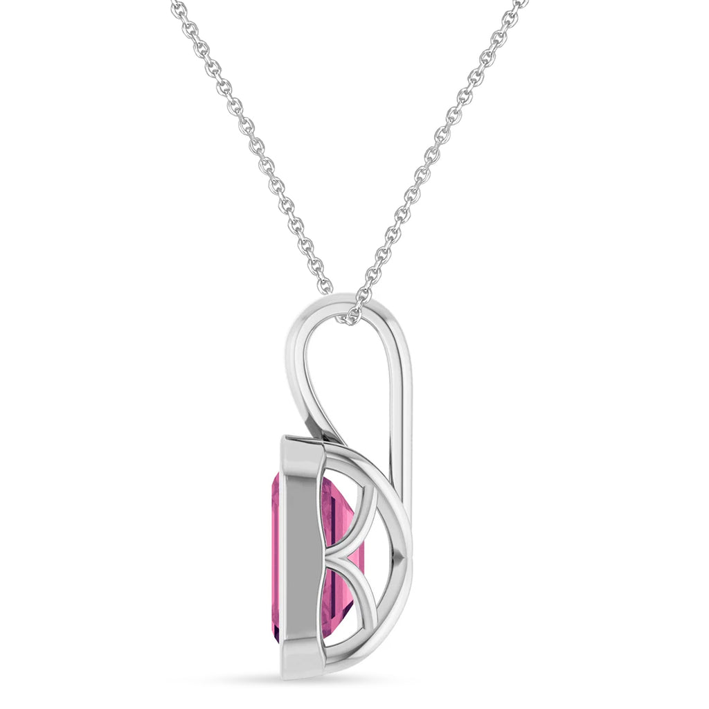 Emerald Cut Pink Tourmaline Bezel Set Pendant Necklace 14K White Gold (1.03ct)