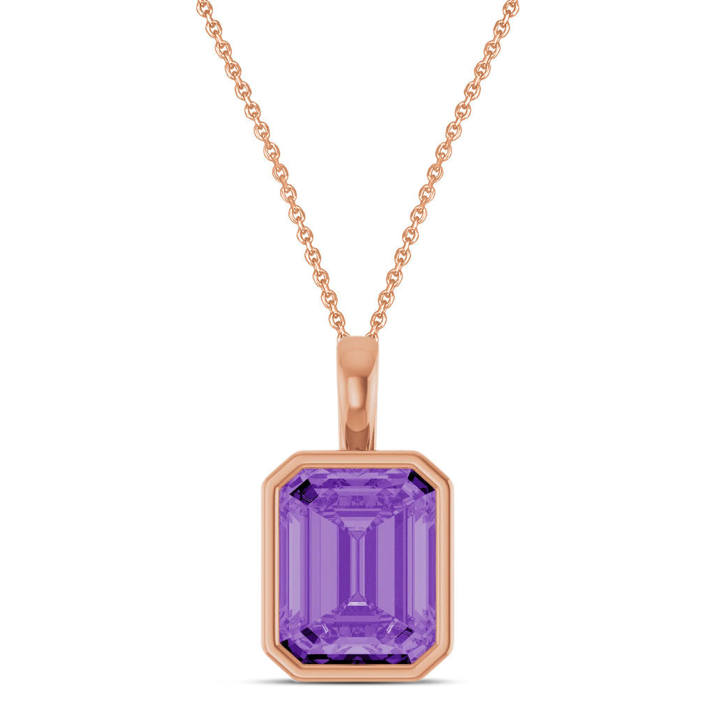 Emerald Cut Lab Grown Purple Sapphire Bezel Set Pendant Necklace 14K Rose Gold (4.48ct)