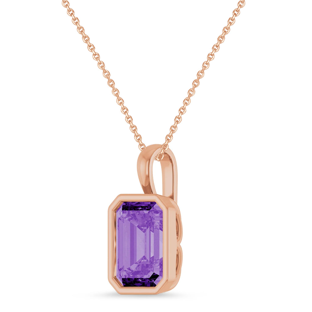 Emerald Cut Lab Grown Purple Sapphire Bezel Set Pendant Necklace 14K Rose Gold (4.48ct)