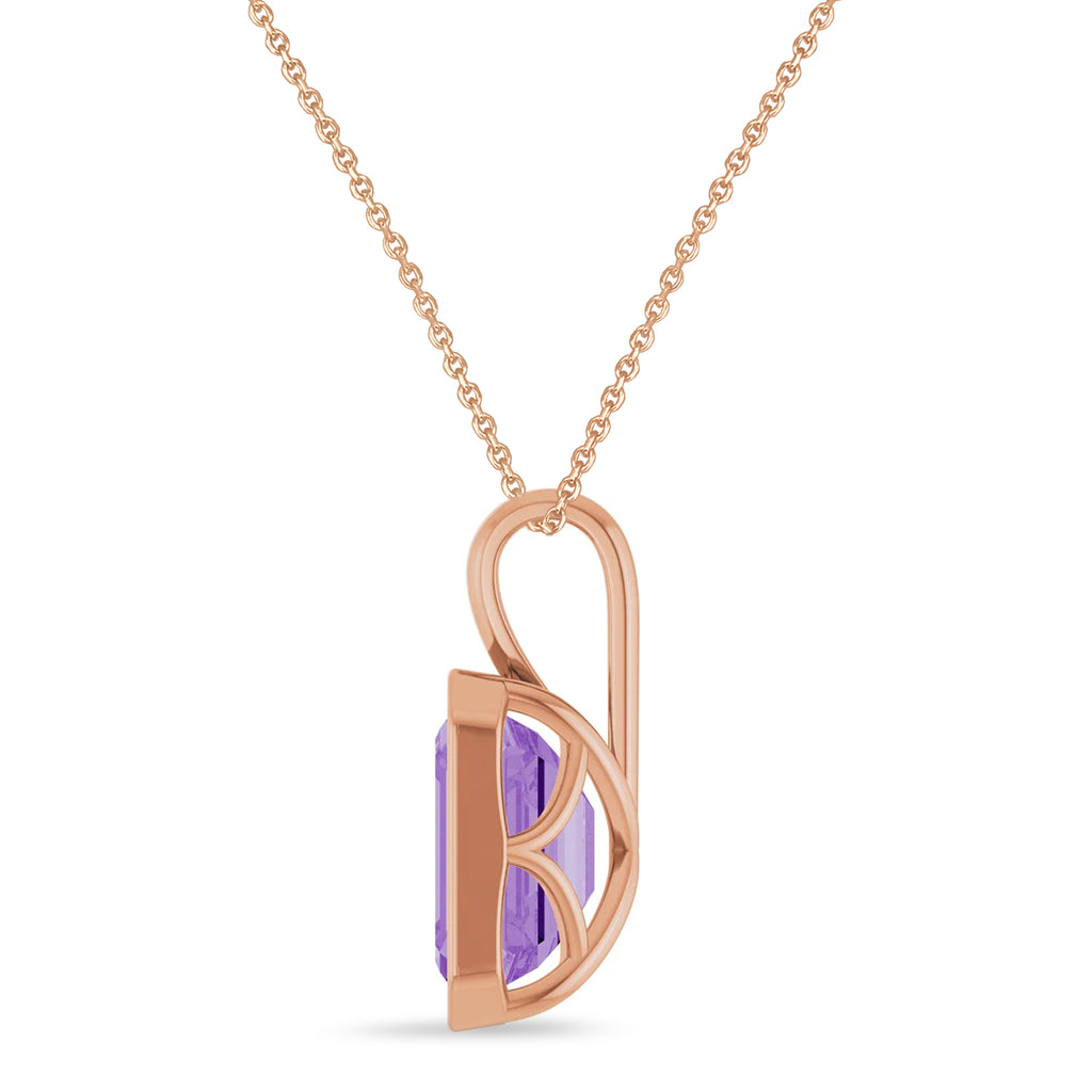 Emerald Cut Lab Grown Purple Sapphire Bezel Set Pendant Necklace 14K Rose Gold (4.48ct)