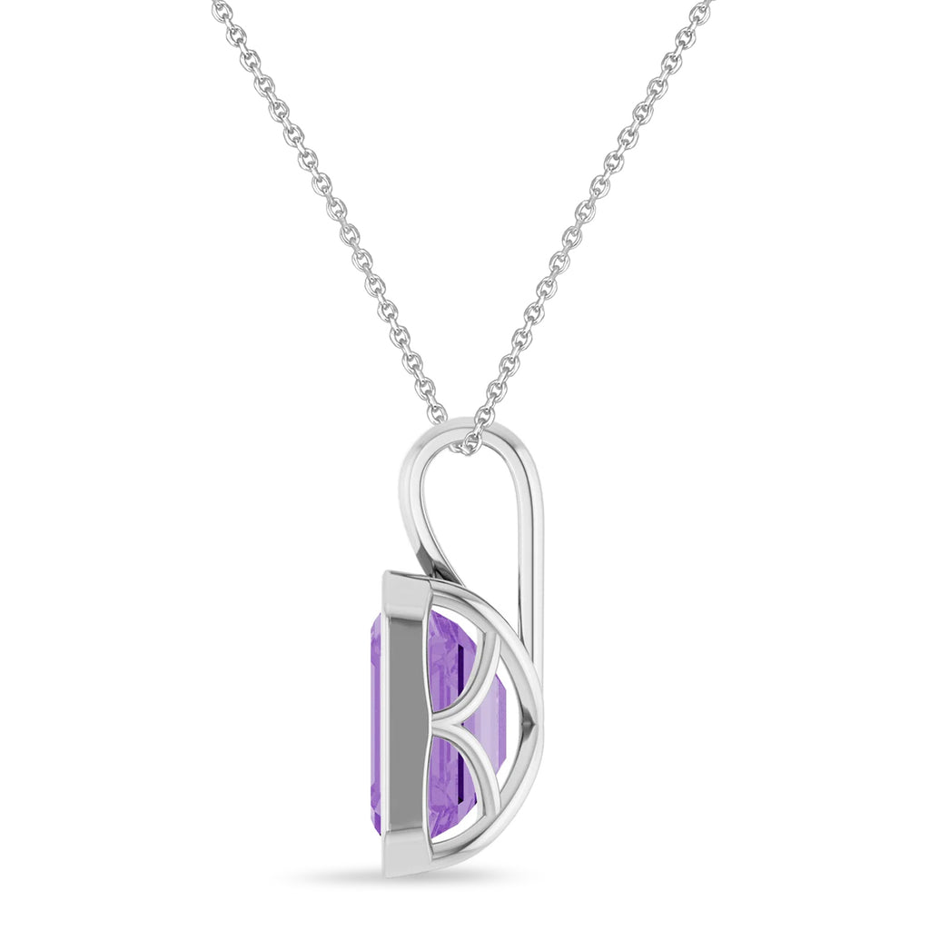 Emerald Cut Lab Grown Purple Sapphire Bezel Set Pendant Necklace 14K White Gold (4.48ct)