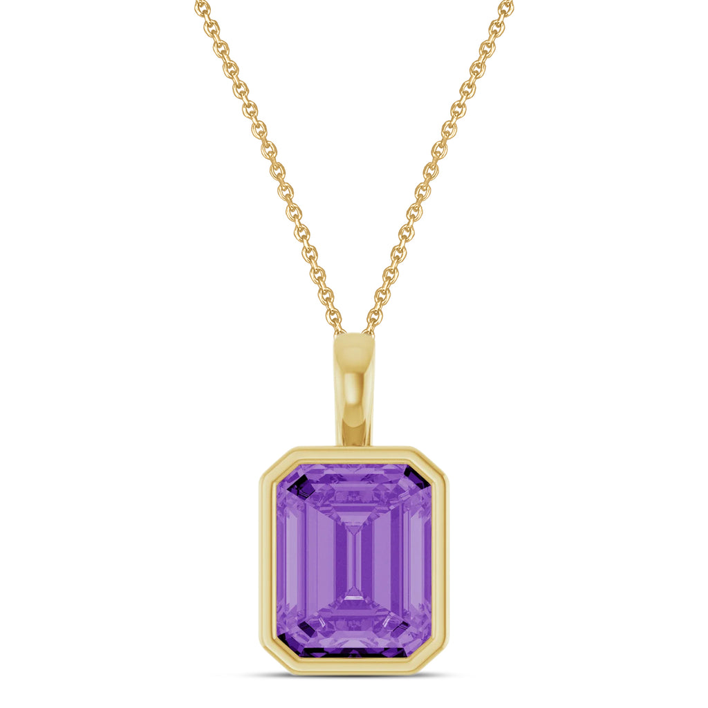 Emerald Cut Lab Grown Purple Sapphire Bezel Set Pendant Necklace 14K Yellow Gold (4.48ct)