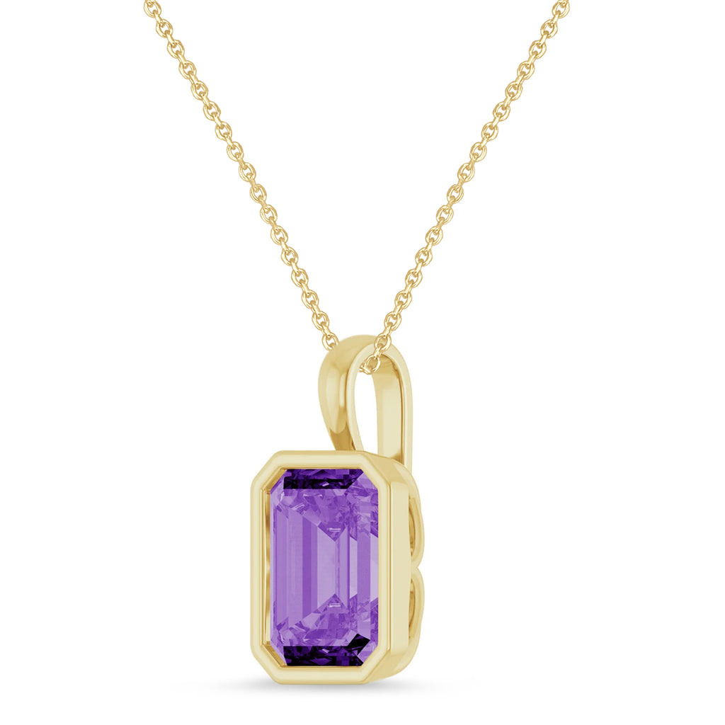Emerald Cut Lab Grown Purple Sapphire Bezel Set Pendant Necklace 14K Yellow Gold (4.48ct)