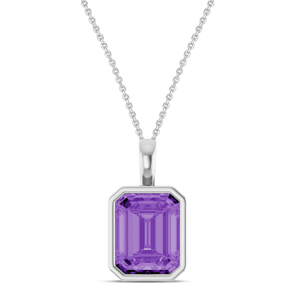 Emerald Cut Lab Grown Purple Sapphire Bezel Set Pendant Necklace Sterling Silver (4.48ct)