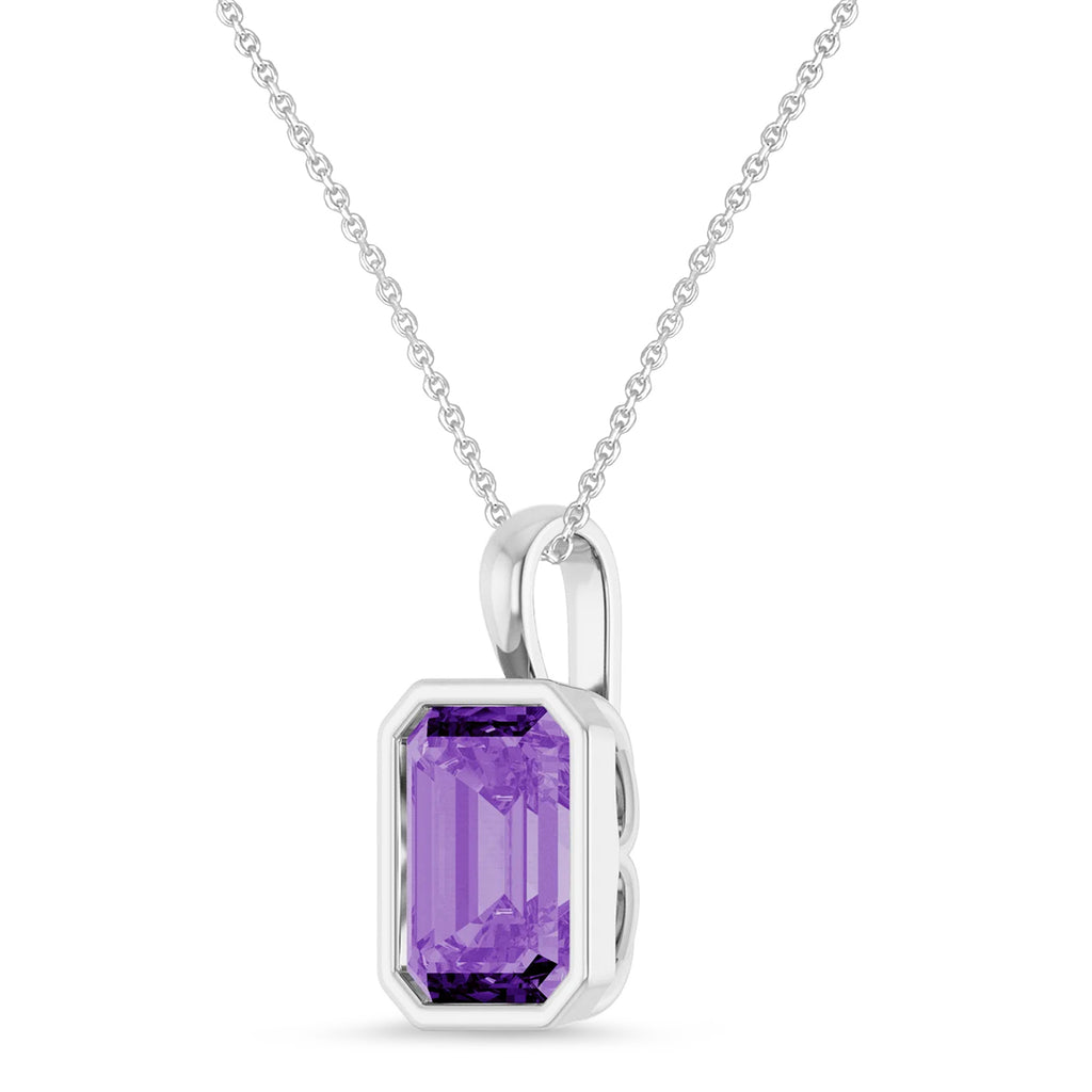 Emerald Cut Lab Grown Purple Sapphire Bezel Set Pendant Necklace Sterling Silver (4.48ct)