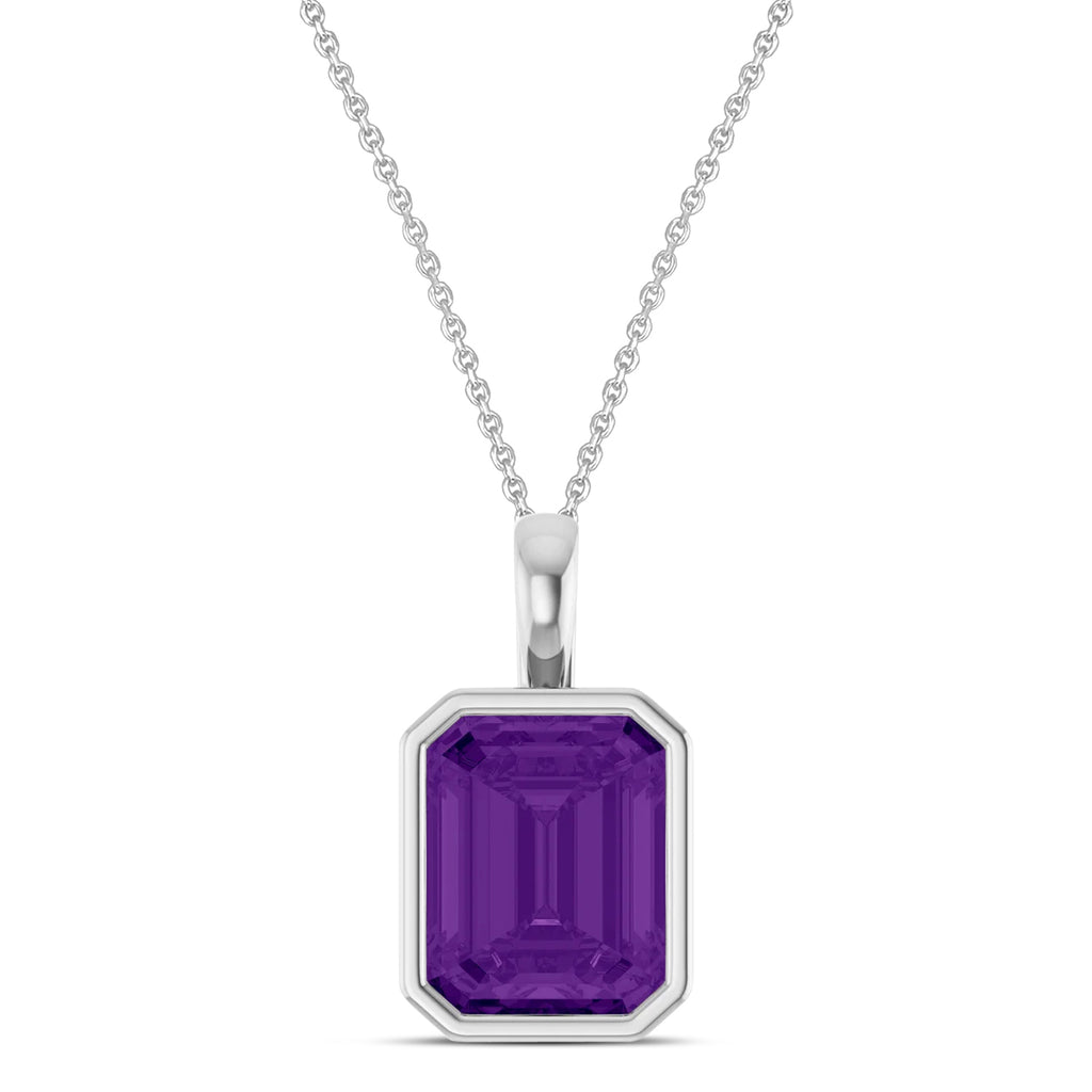 Emerald Cut Amethyst Bezel Set Pendant Necklace 14K White Gold (3.12ct)